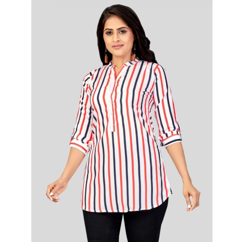 Generic Women's Poly Crepe Mandarin Collar 3/4 Sleeves Short Top (White) - Image 2