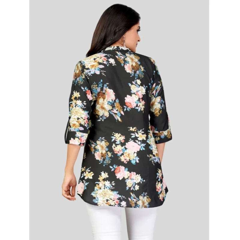 Generic Women's Poly Crepe Mandarin Collar 3/4 Sleeves Short Top (Black) - Image 6