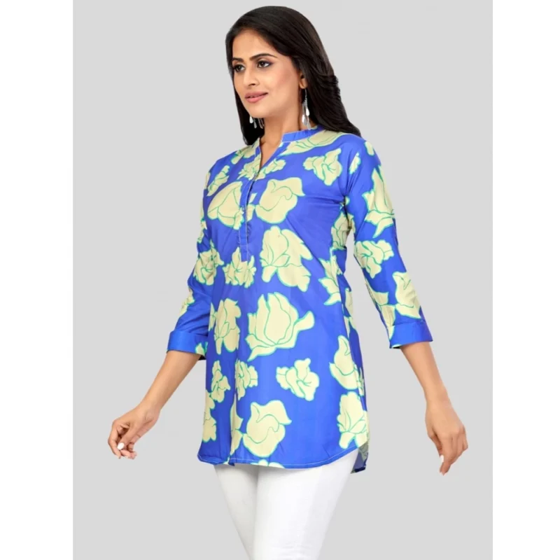 Generic Women's Poly Crepe Mandarin Collar 3/4 Sleeves Short Top (Blue) - Image 2