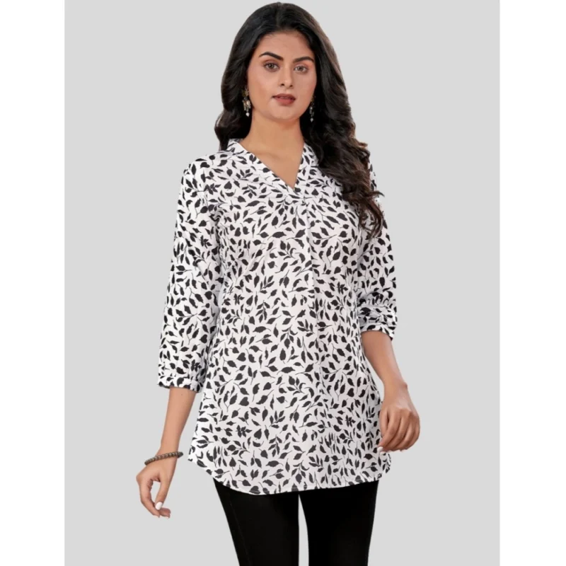 Generic Women's Poly Crepe Chinese Collar 3/4 Sleeves Short Top (Black-White) - Image 5