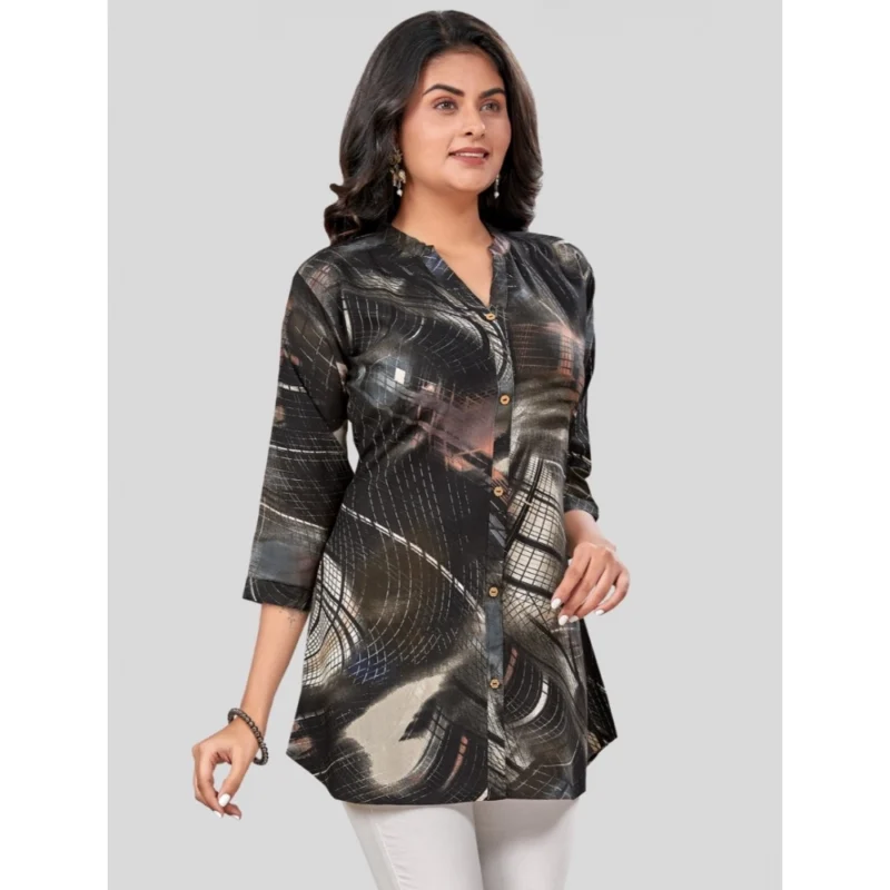 Generic Women's Rayon Mandarin Collar 3/4 Sleeves Short Top (Black) - Image 5