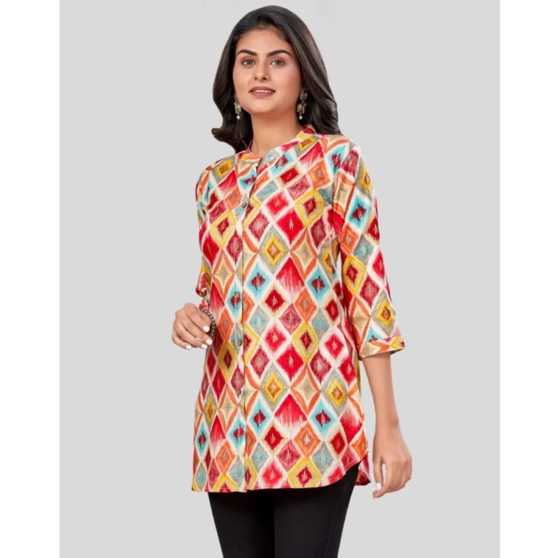 Generic Women's Rayon Collared Neck 3/4 Sleeves Short Top (Red) - Image 2