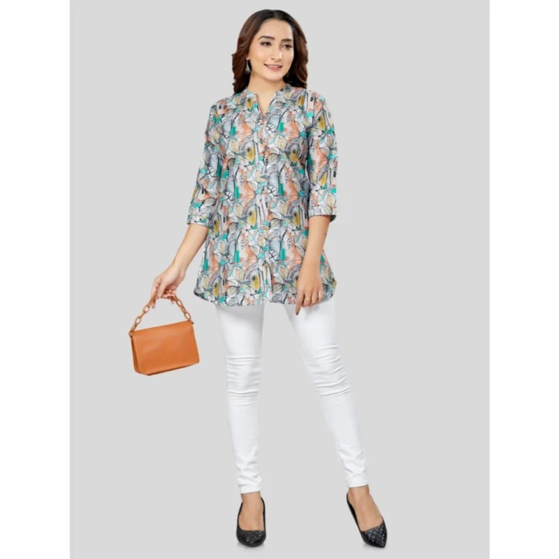 Generic Women's Cotton Blend Mandarin Collar 3/4 Sleeves Short Top (Grey) - Image 2