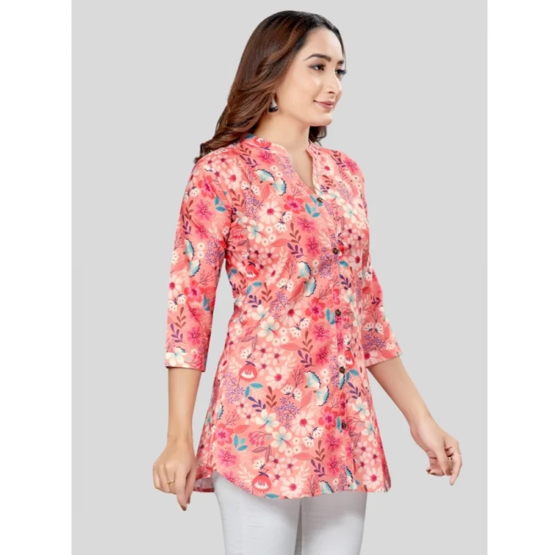 Generic Women's Cotton Blend Mandarin Collar 3/4 Sleeves Short Top (Pink) - Image 5