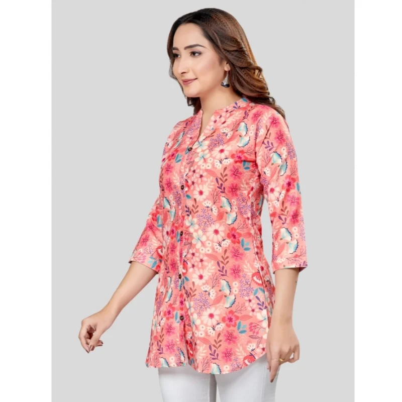 Generic Women's Cotton Blend Mandarin Collar 3/4 Sleeves Short Top (Pink) - Image 2