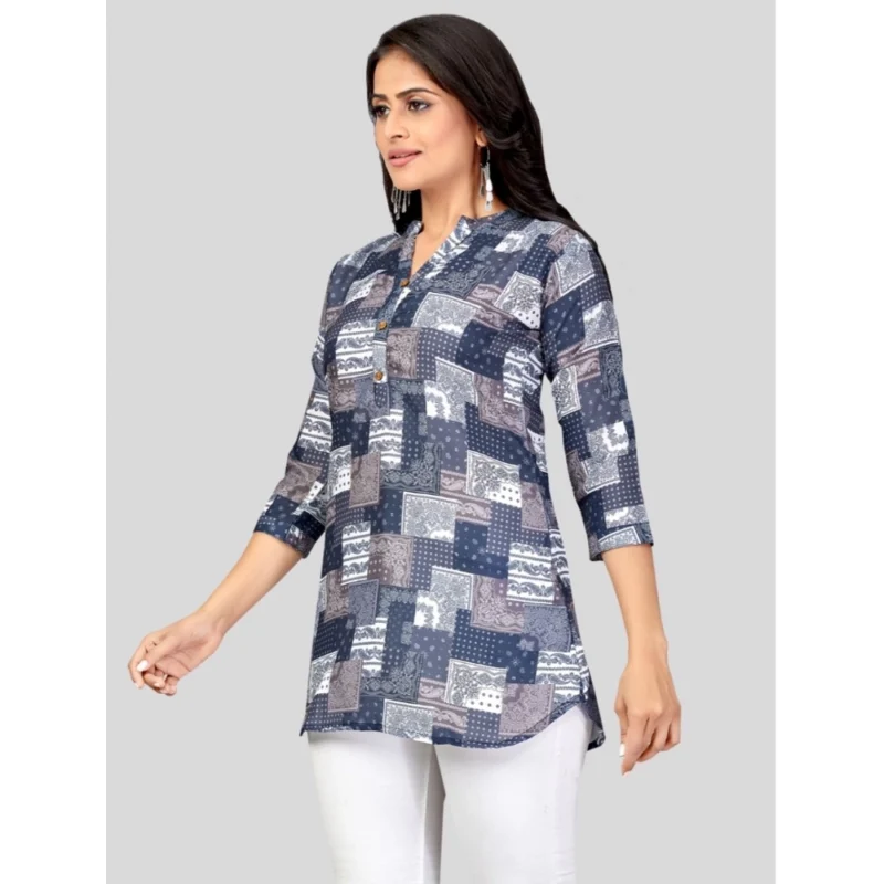 Generic Women's Cotton Blend Mandarin Collar 3/4 Sleeves Short Top (NavyBlue) - Image 2