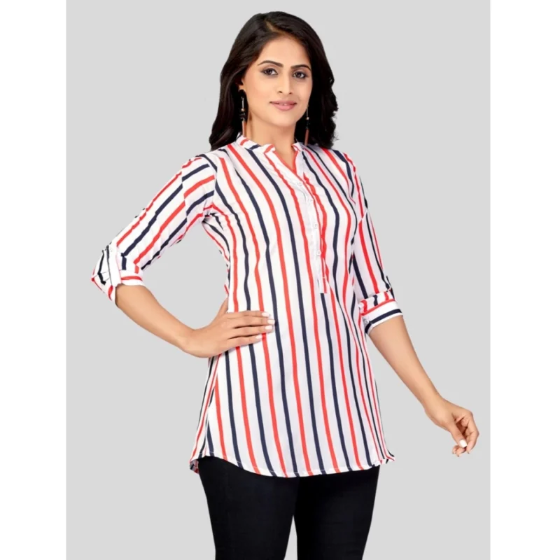 Generic Women's Poly Crepe Mandarin Collar 3/4 Sleeves Short Top (White) - Image 5