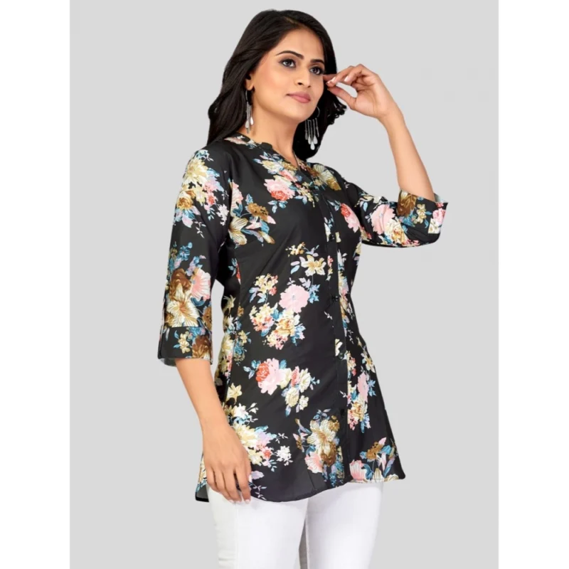 Generic Women's Poly Crepe Mandarin Collar 3/4 Sleeves Short Top (Black) - Image 5