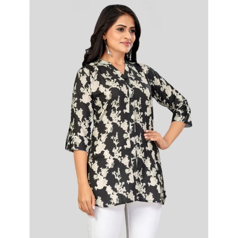 Generic Women's Poly Crepe Mandarin Collar 3/4 Sleeves Short Top (Black) - Image 5