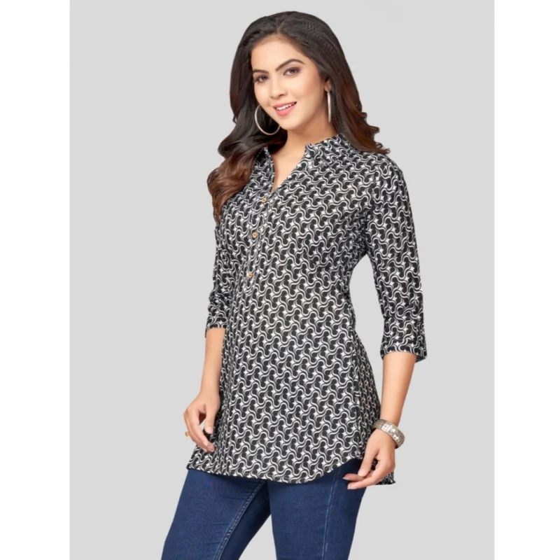Generic Women's Cotton Blend Mandarin Collar 3/4 Sleeves Short Top (Black) - Image 2