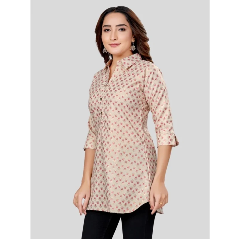 Generic Women's Cotton Blend Collared Neck 3/4 Sleeves Short Top (Cream-Red) - Image 2