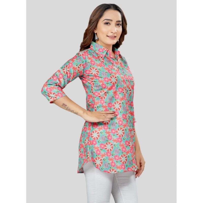 Generic Women's Cotton Blend Collared Neck 3/4 Sleeves Short Top (Teal Green) - Image 5