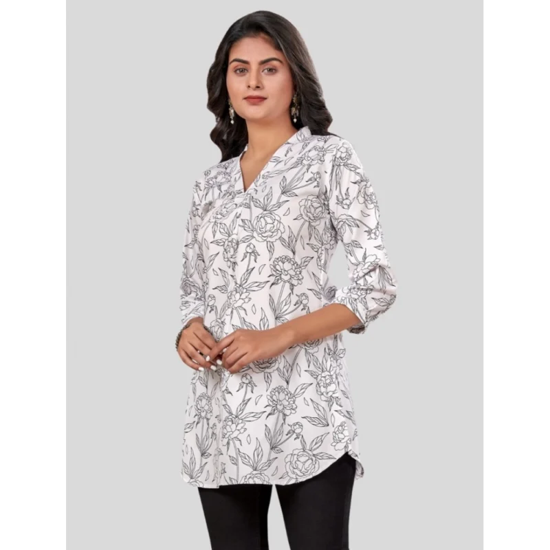 Generic Women's Poly Crepe Chinese Collar 3/4 Sleeves Short Top (Black-White) - Image 2