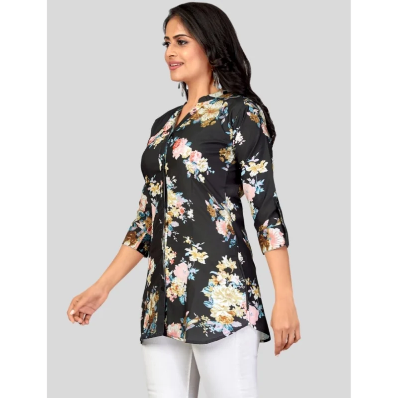 Generic Women's Poly Crepe Mandarin Collar 3/4 Sleeves Short Top (Black) - Image 2