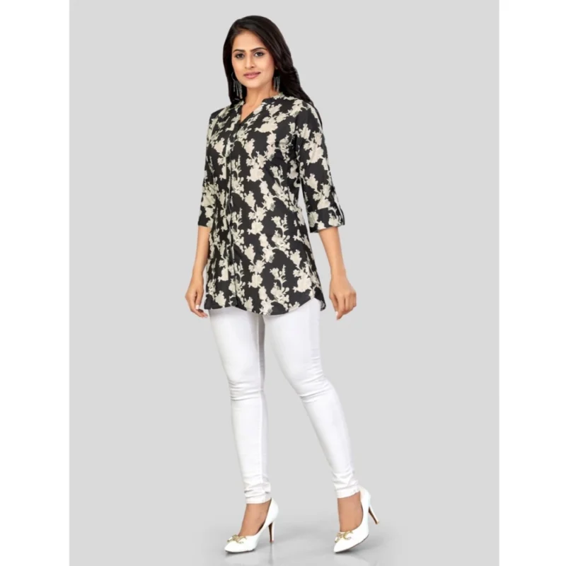Generic Women's Poly Crepe Mandarin Collar 3/4 Sleeves Short Top (Black) - Image 2