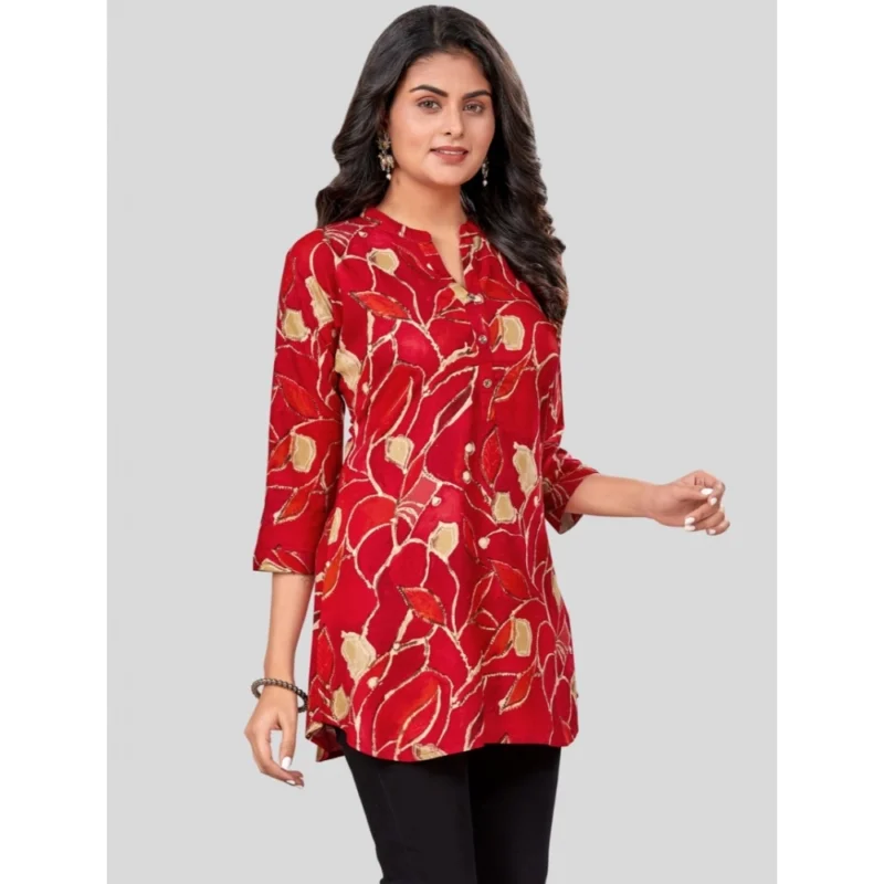 Generic Women's Rayon Mandarin Collar 3/4 Sleeves Short Top (Red) - Image 5