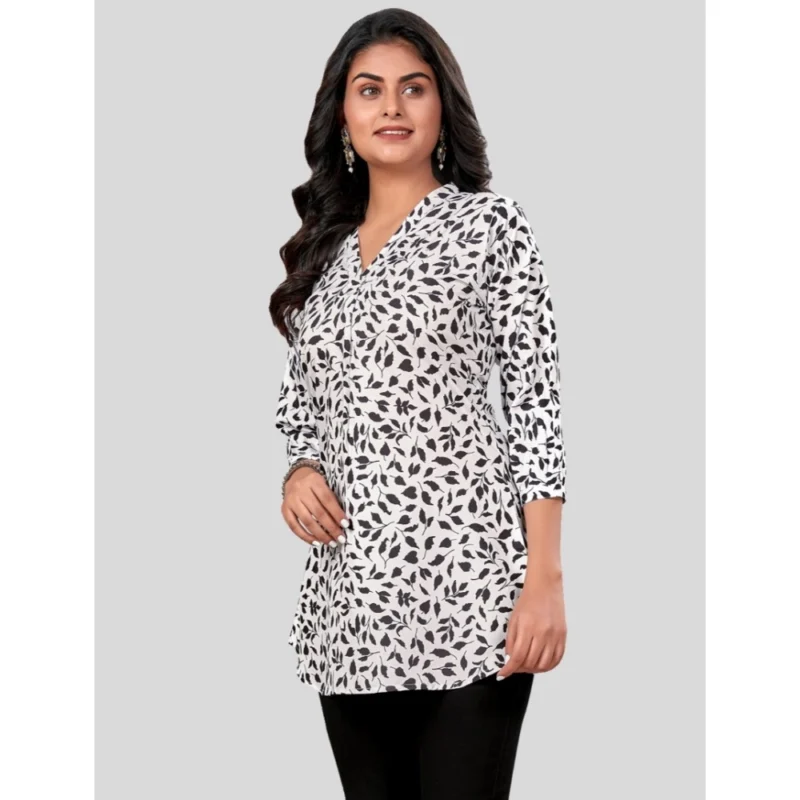 Generic Women's Poly Crepe Chinese Collar 3/4 Sleeves Short Top (Black-White) - Image 2