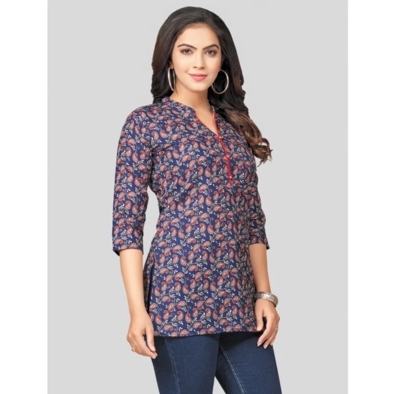 Generic Women's Cotton Blend Mandarin Collar 3/4 Sleeves Short Top (Blue) - Image 5