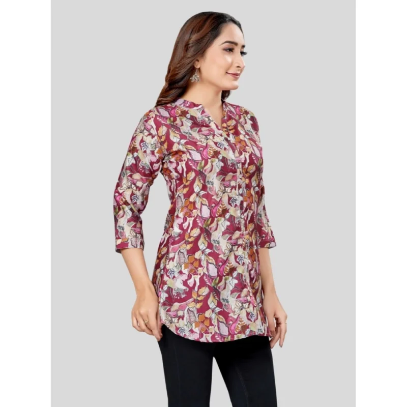 Generic Women's Cotton Blend Mandarin Collar 3/4 Sleeves Short Top (Burgundy) - Image 5