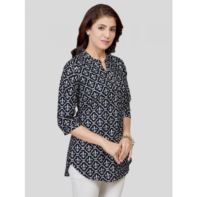 Generic Women's Poly Crepe Mandarin Collar 3/4 Sleeves Short Top (Black) - Image 5