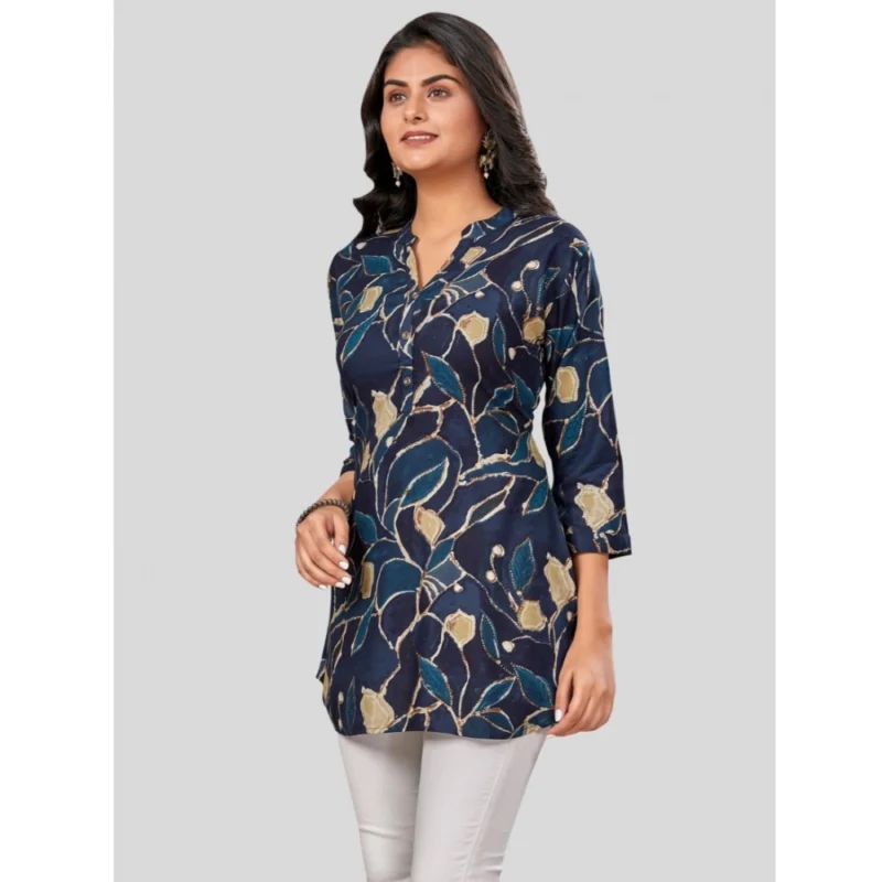 Generic Women's Rayon Mandarin Collar 3/4 Sleeves Short Top (NavyBlue) - Image 2