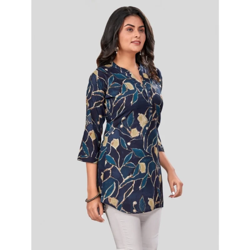 Generic Women's Rayon Mandarin Collar 3/4 Sleeves Short Top (NavyBlue) - Image 5