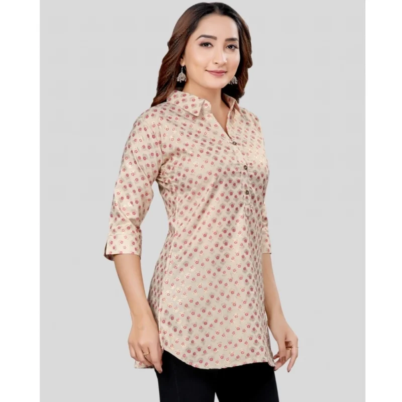 Generic Women's Cotton Blend Collared Neck 3/4 Sleeves Short Top (Cream-Red) - Image 5