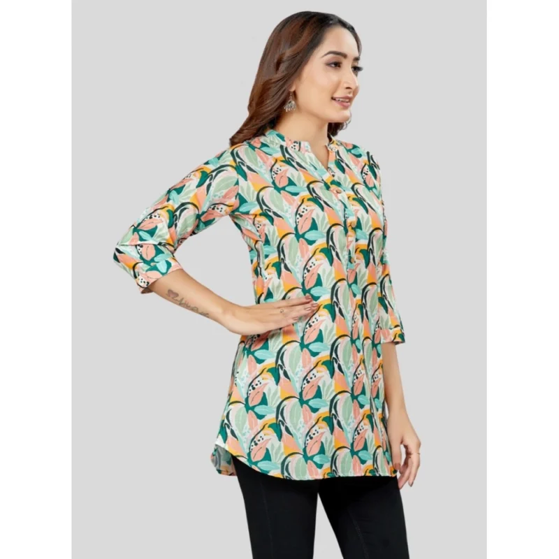Generic Women's Cotton Blend Mandarin Collar 3/4 Sleeves Short Top (Cream) - Image 5