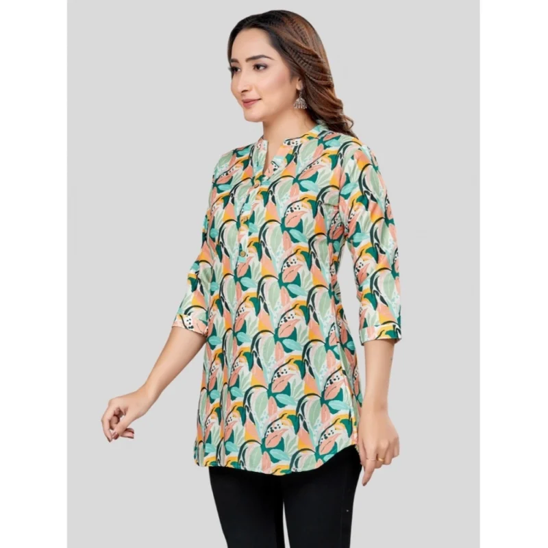 Generic Women's Cotton Blend Mandarin Collar 3/4 Sleeves Short Top (Cream) - Image 2