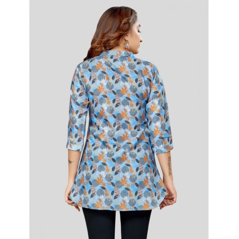 Generic Women's Cotton Blend Mandarin Collar 3/4 Sleeves Short Top (Blue) - Image 5