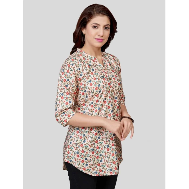 Generic Women's Poly Crepe Mandarin Collar 3/4 Sleeves Short Top (Beige) - Image 5