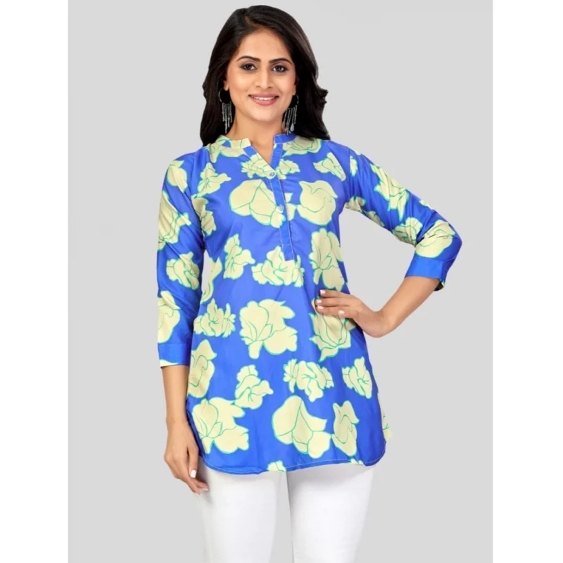 Generic Women's Poly Crepe Mandarin Collar 3/4 Sleeves Short Top (Blue) - Image 5