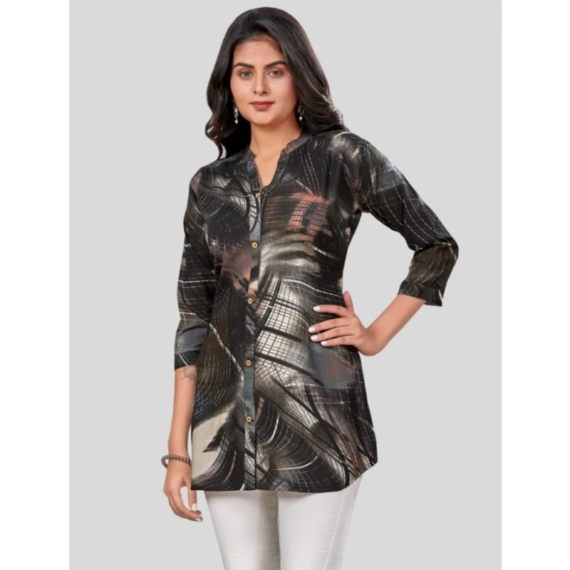 Generic Women's Rayon Mandarin Collar 3/4 Sleeves Short Top (Black) - Image 2