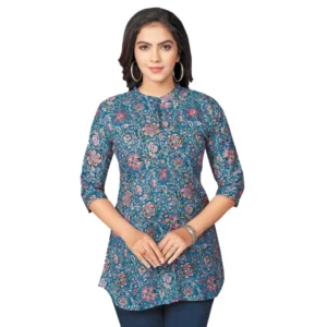 Generic Women's Cotton Blend Mandarin Collar 3/4 Sleeves Short Top (Blue)