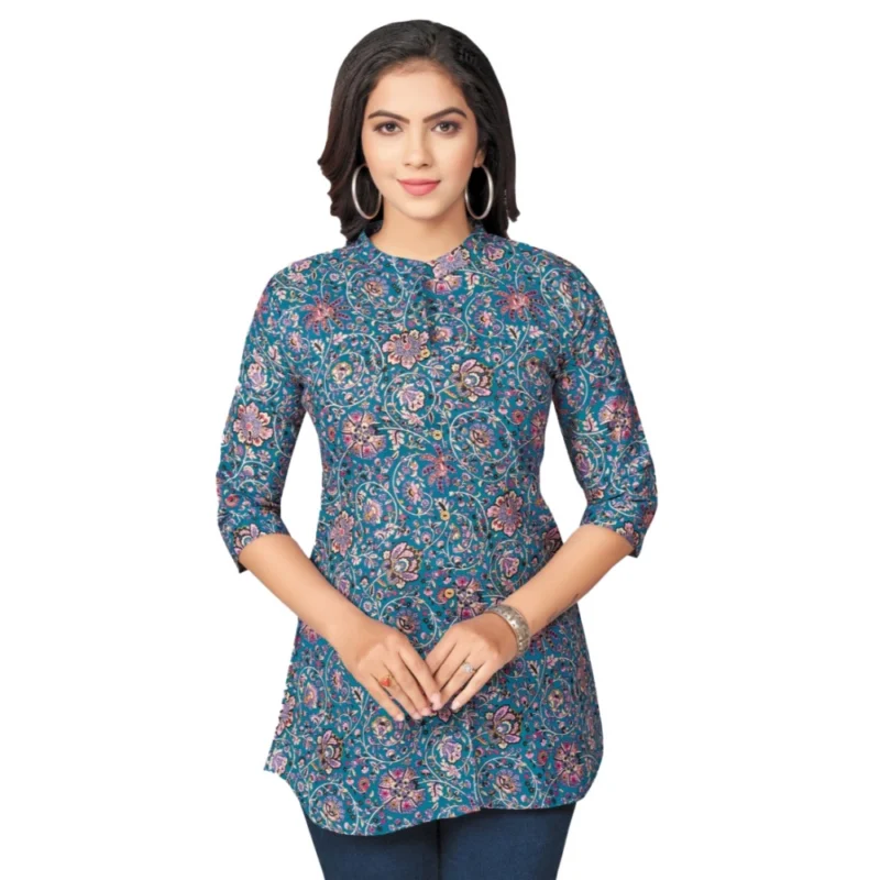 Generic Women's Cotton Blend Mandarin Collar 3/4 Sleeves Short Top (Blue)