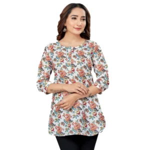 Generic Women's Cotton Blend Round Neck 3/4 Sleeves Short Top (Multicolor)
