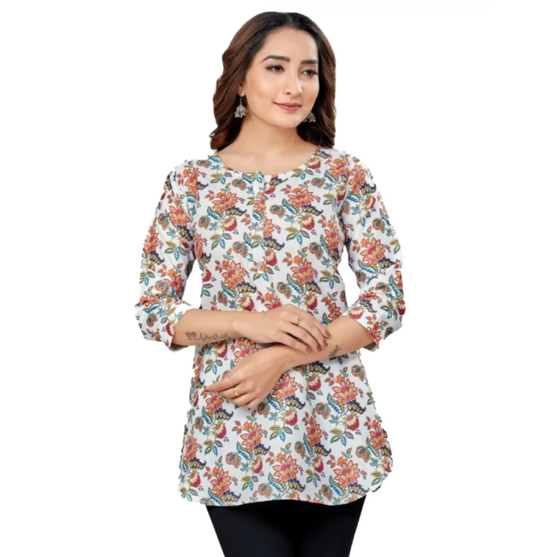 Generic Women's Cotton Blend Round Neck 3/4 Sleeves Short Top (Multicolor)