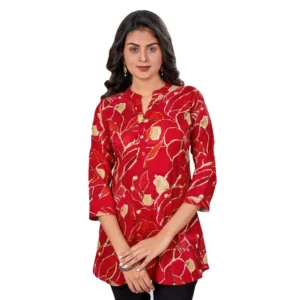 Generic Women's Rayon Mandarin Collar 3/4 Sleeves Short Top (Red)