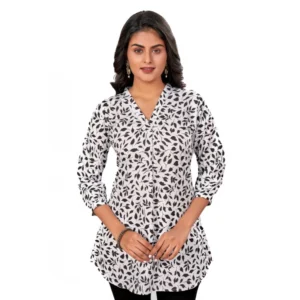 Generic Women's Poly Crepe Chinese Collar 3/4 Sleeves Short Top (Black-White)