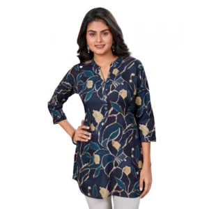 Generic Women's Rayon Mandarin Collar 3/4 Sleeves Short Top (NavyBlue)
