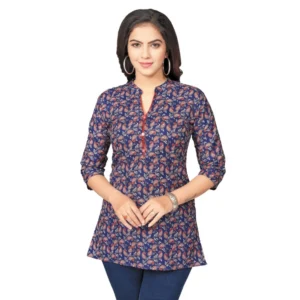 Generic Women's Cotton Blend Mandarin Collar 3/4 Sleeves Short Top (Blue)
