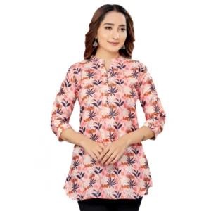 Generic Women's Cotton Blend Mandarin Collar 3/4 Sleeves Short Top (Pink-Navy Blue)