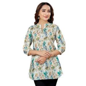 Generic Women's Cotton Blend Mandarin Collar 3/4 Sleeves Short Top (OffWhite-Blue)