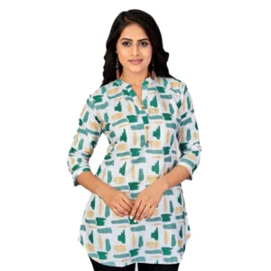 Generic Women's Poly Crepe Mandarin Collar 3/4 Sleeves Short Top (Green)