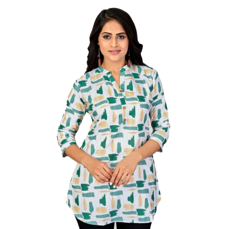 Generic Women's Poly Crepe Mandarin Collar 3/4 Sleeves Short Top (Green)