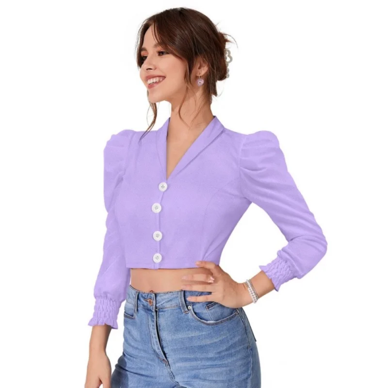 Generic Women's Polyester Solid Puff Sleeves Lapel Collar Top (Purple) - Image 3