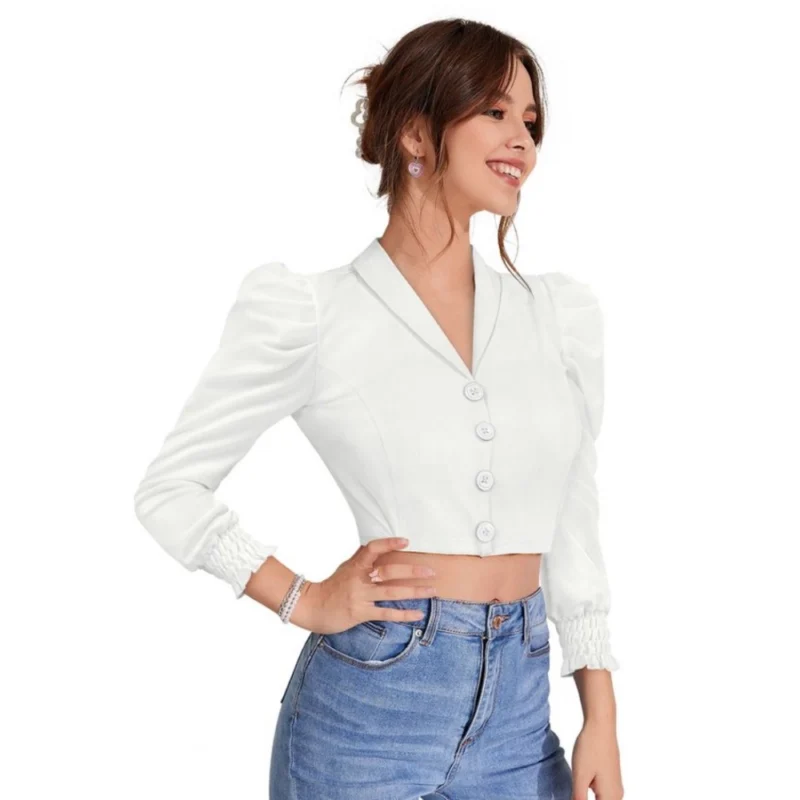 Generic Women's Polyester Solid Puff Sleeves Lapel Collar Top (White) - Image 5