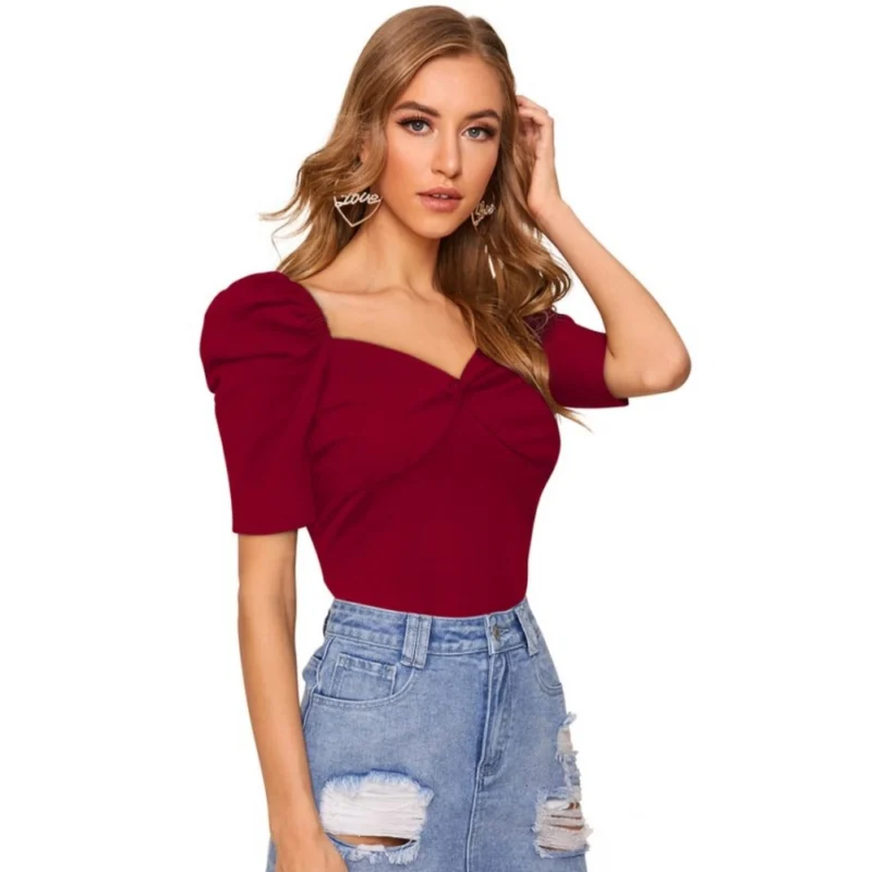 Generic Women's Polyester Solid Puff Short Sleeves Sweetheart Neck Top (Maroon) - Image 5