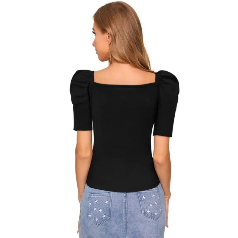 Generic Women's Polyester Solid Puff Short Sleeves Sweetheart Neck Top (Black) - Image 3