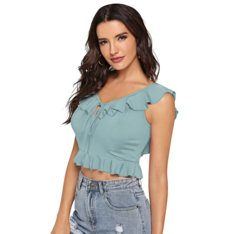 Generic Women's Polyester Solid Sleeveless Ruffle Neck Top (Pista) - Image 6